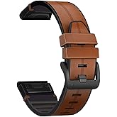 Abanen Leather Watch Bands for Garmin Fenix 8 / epix Pro/Tactix 8 (47mm), QuickFit 22mm Soft Genuine Leather with Silicone Sweatproof Wrist Strap for Fenix 7/6/5, Instinct 3 45mm