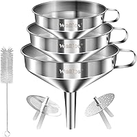 Stainless Steel Funnel, Walfos 3 Pack Kitchen Funnel with 2 Removable Strainer & 1Pcs Cleaning Brush, Perfect for Transferrin