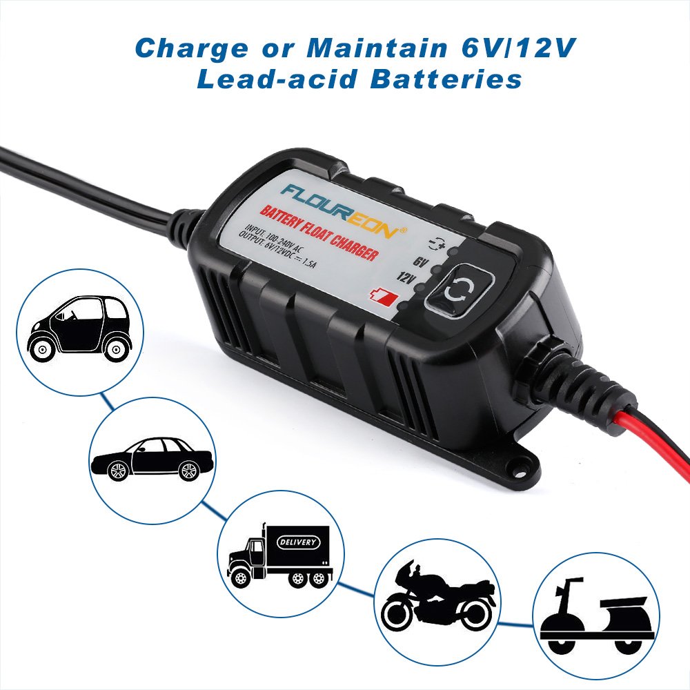 FLOUREON 6V/12V 1.5Amp Car Battery Charger Maintainer with LED Indicators Auto Trickle Charging for Automotive Vehicles Lawn Mower Boats RV AGM