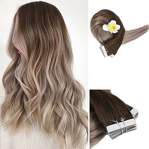 Full Shine 16" Ash Blonde Ombre Human Hair Extensions of Tape in Hair Extensions Balayage Hair Color #4 Fading to #18 Real Hair Skin Weft Remy Human Hair 50g 20Pcs Per Package