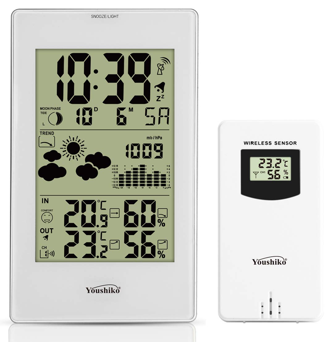 Youshiko YC9331 (Official UK 2026 Version) Wireless Weather Station, Radio Controlled Clock Indoor Outdoor Temperature Thermometer, Humidity, Barometric Pressure, Ice Alert