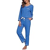 ANLIQI 100% Cotton Pajamas for Women Long Sleeve Fall Pajamas V Neck Top Sleepwear 2 Piece Pj Lounge Set with Pockets