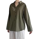 FTCayanz Women's Long Sleeve Shirts Cotton Linen Button Down Blouses Boho Embroidered Tunic Tops