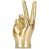 LCCCK Gold Hand Sculpture Peace Sign Decor, Cool Gesture Hand Statue Finger Knick Knack for Shelves, Weird Gift Funky Sculpture for Desk Bookshelf TV Stand Accent Ornaments Peaceful Decor
