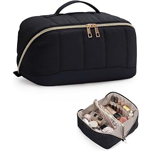 Makeup Bag for Women, Open Flat Puffy Organizer with Wipe-Clean PVC Lining | Quick Access, Brush Compartment, Protective Padd