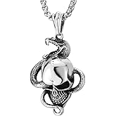 COOLSTEELANDBEYOND Men Stainless Steel Snake Skull Pendant Necklace, Punk Rock, 30 inches Wheat Chain