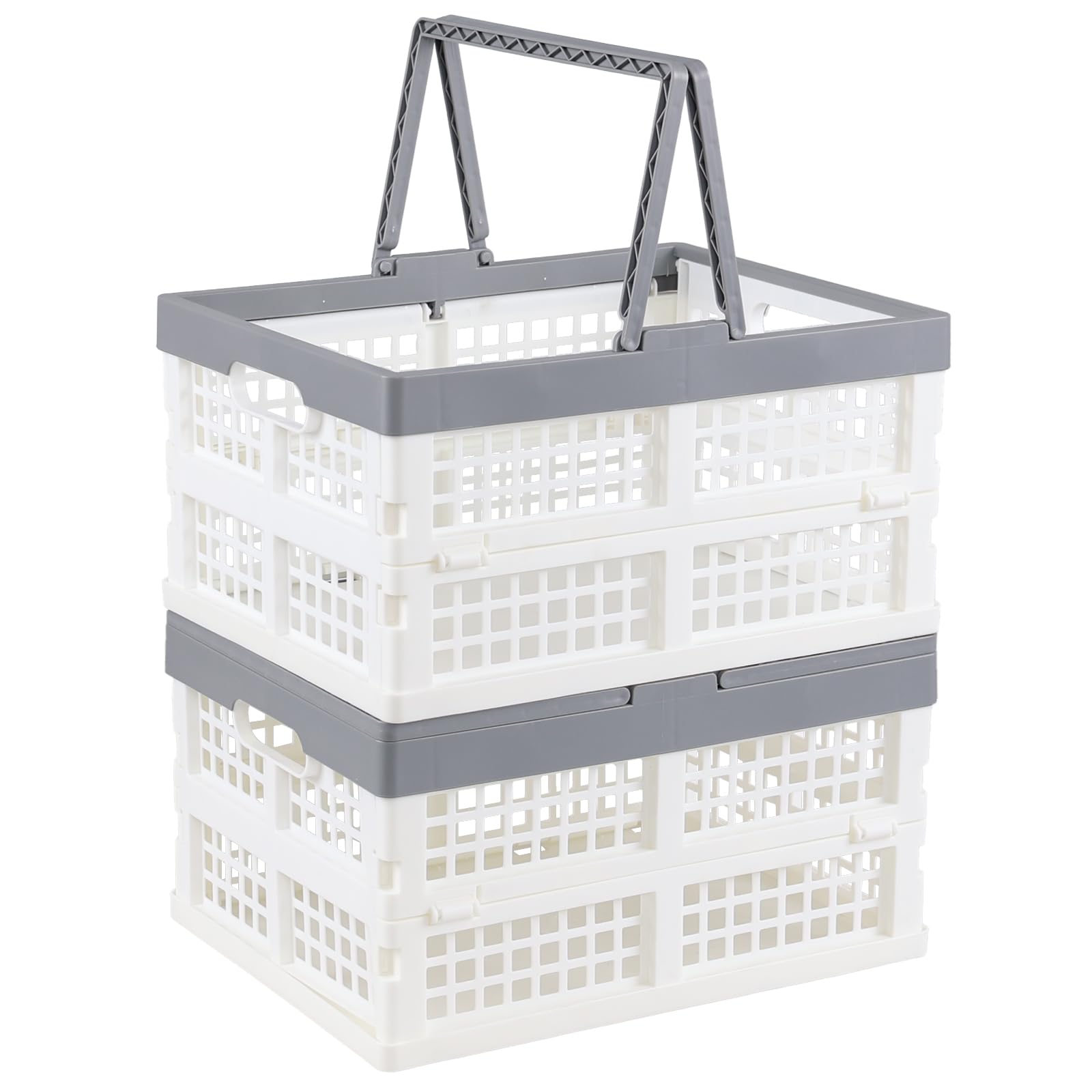 Readsky 2 Packs 16 L Plastic Foldable Shopping Baskets, Collapsible Storage Crates with Handles, White