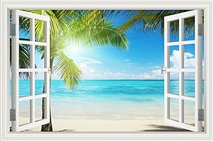 Beautiful White Beach Sunshine Through Coconut Tree 3D Window View Wall Sticker Blue Ocean Sea Theme Tropical Island Wall Dec