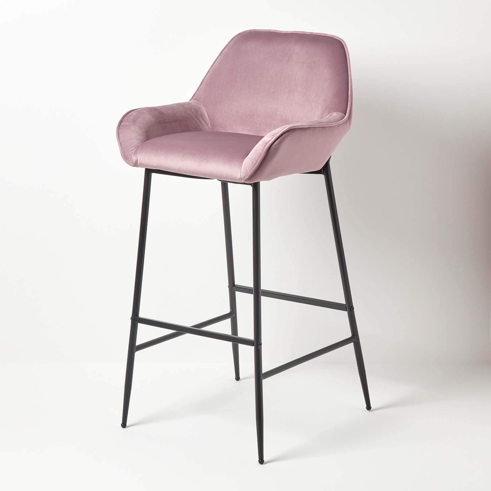 Homescapes Eton Blush Pink Velvet Bar Stool Chair Luxury On Trend Kitchen And Breakfast Barstool With Backrest On Metal Legs With Footrest Soft Upholstered High Counter Dining Chair