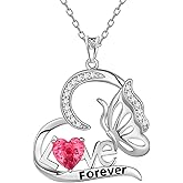 Aurora Tears Birthstone Love Heart Butterfly Pendant Necklace - 925 Sterling Silver Firework-Cut Cubic Zirconia Love Forever Necklace Anniversary Birthday Jewelry Gift for Women Wife Mom Daughter