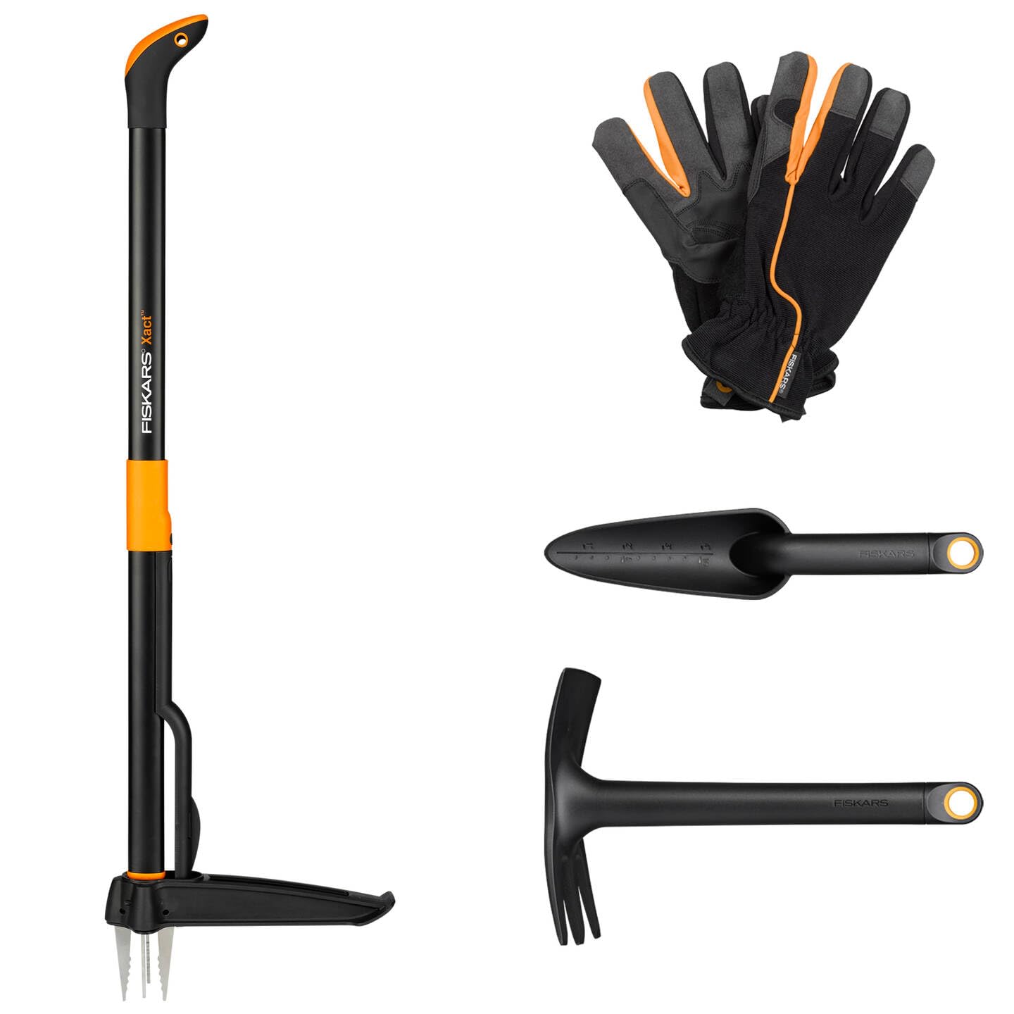 Fiskars Gartenwerkzeuge-Set, 4-teilig, Xact Unkrautstecher, Rostfreier Stahl/Kunststoff, Solid-Kombihacke und -Pflanzkelle, FiberComp, Garten-Arbeitshandschuhe, Größe: 10, Schwarz/Orange, 1077308