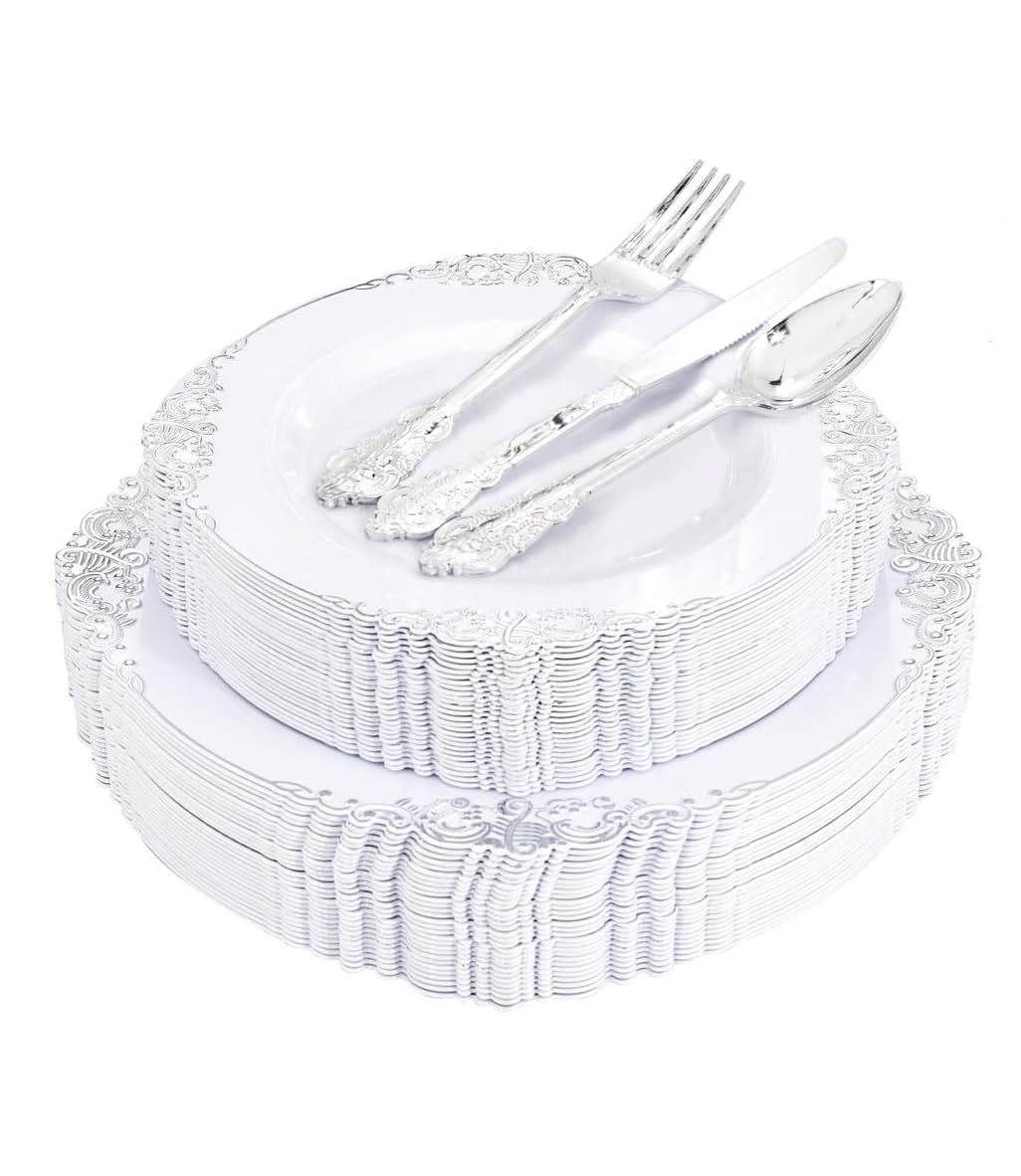 Photo 1 of Liacere 150PCS Silver Plastic Plates with Silver Cutlery - Disposable Plastic Plates Include 30Dinner Plate, 30Dessert Plate, 30Knives, 30Spoons, 30Forks - Ideal for Wedding&Christmas