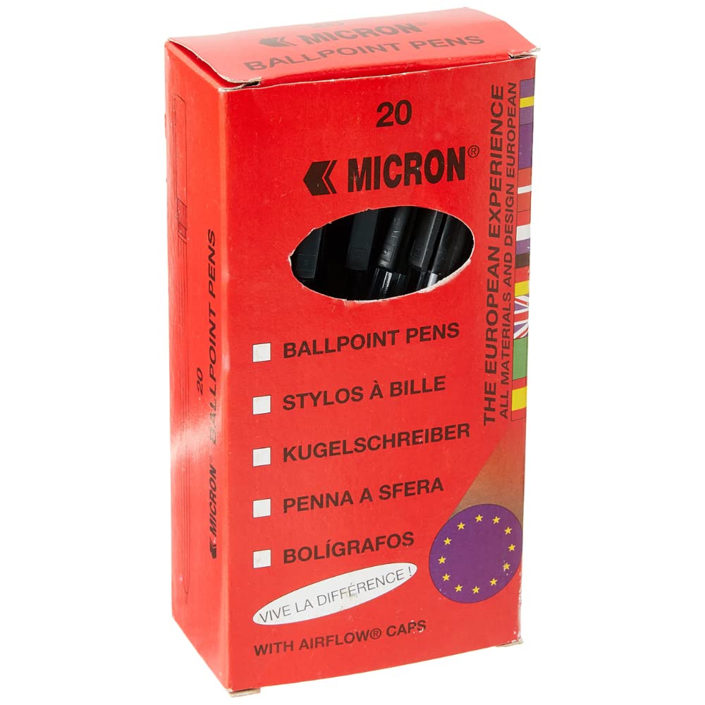Micron Ballpoint Pens Black Biros 20 Boxed