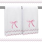 RRBXIA 2 Pcs Coquette Bow 100% Cotton Hand Towels for Bathroom Scalloped Hand Towels 16 * 27 Inch Embroidered Decorative 600 GSM Soft Absorbent Bath Towel for Spa Yoga Hotel Sport (Pink)