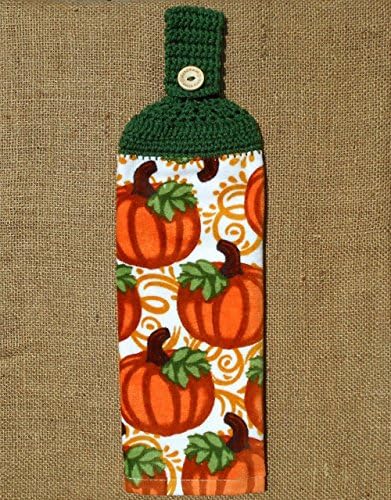 Pumpkin Themed Plush Hanging Dish Towel Double Sided with Crochet Top, Fall Kitchen Decor