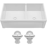 Karran 33 Inch Fireclay Farmhouse Kitchen Sink Double Bowl 60/40, Reversible Flat or Panel Apron Front, White Undermount Sink with Strainers