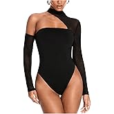 MakeMeChic Women's Bodysuits Mesh Sheer Rave Outfits Asymmetrical Neck Long Sleeve Cut Out Sexy Tops