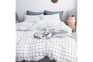 Nanko Queen Duvet Cover Set Grid, 90x90 Soft Bedding Cover, Luxury Cool Lightweight Microfiber 3pc Set (1 Cover 2 Pillowcase) with Zip, Tie - Modern Style Bed Quilt Cover for Decor, Plaid White