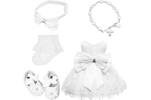 5Pcs Baby Girl Baptism Dress Includes Lace Christening Dresses Cross Charm Bracelet Bowknot Headwear Socks Shoes Baptism Outf
