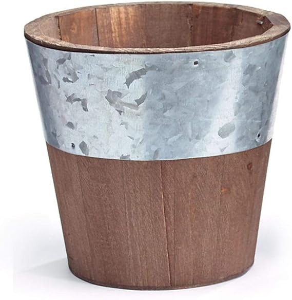 Rustic Wooden Bucket Planter with Metal Trim (Small, 4.5