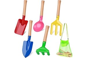 MCPINKY 6PCS Gardening Tools for Kids, Beach Toys for Kids Safe Beach Sand Toys Set with Bag Gardening Equipment Spoon Trowel Rake Shovel for Children