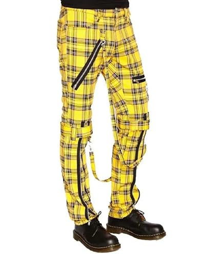 Bondage Straps Punk Yellow Plaid Jeans Pant Alternative Rebel Rock