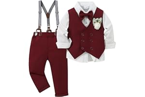 YALLET Toddler Baby Boy Clothes Suit Gentleman Wedding Outfits, Formal Dress Shirt+Bowtie+Vest+Boutonniere+Suspender Pants