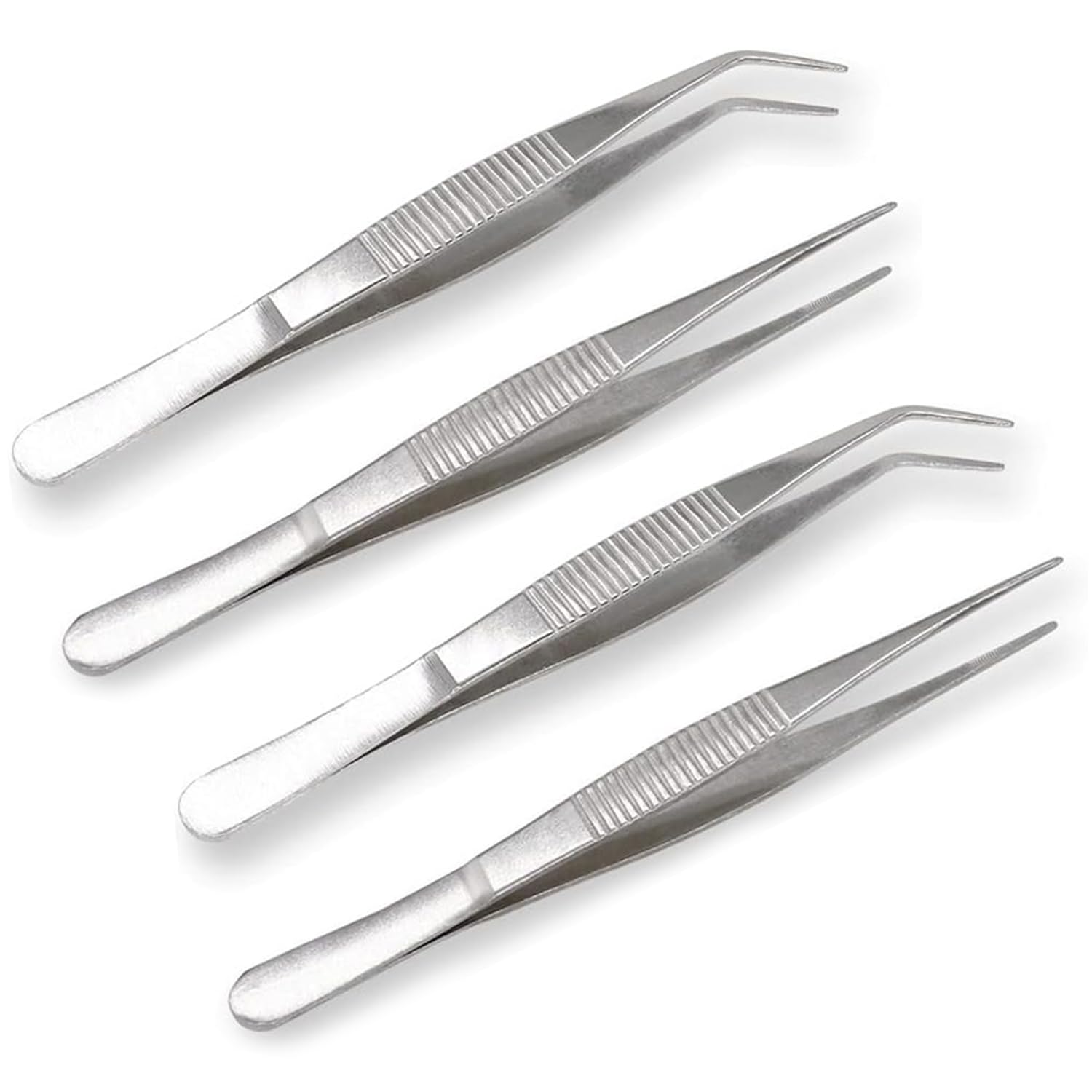4-Piece Professional Stainless Steel Tweezer Set - Angled & Flat Tip Tools for Aquarium Maintenance/Jewelry Crafting, Corrosion-Resistant Precision Instruments (Silver)