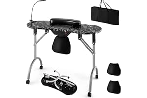 Giantex Nail Table for Nail Tech, Portable Manicure Table with Electric Dust Collector, USB-Plug LED Lamp, Wrist Rest, 4 Lockable Wheels, Foldable Nail Desk with Carry Bag (Black)