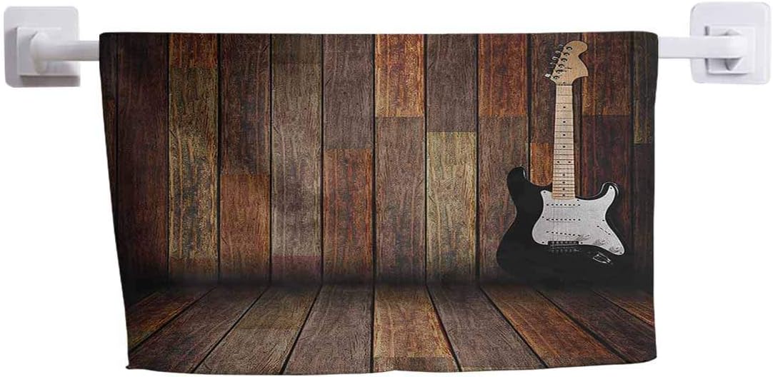 DayDayFun Kitchen Towel Popstar Party Suitable for Swimming and Sports Towel Electric Guitar in The Wooden Room Country House Interior Music Theme 8" x 24" Brown Black White