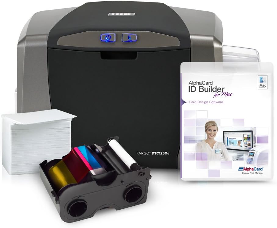 Fargo 1250e ID Card Printer System Comes Complete with Ribbon, Cards, Cleaning kit, and Alphacard ID Suite Badge Making Software (Mac)