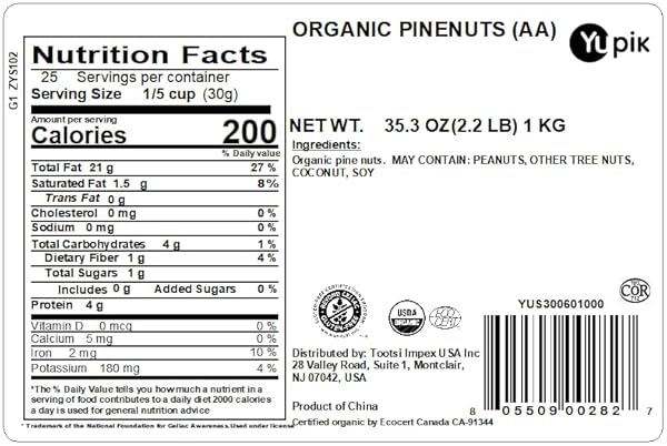 YUPIK ORGANIC PINE NUTS, 2.2 LB, NON-GMO, UNSALTED, GLUTEN-FREE, KOSHER, SMOOTH & CREAMY PINE KERNELS, SOURCE OF IRON, RAW, VEGAN, PACK OF 1