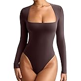 REORIA Women's Sexy Basic Long Sleeve Square Neck Double Lined Thong Bodysuit Tops