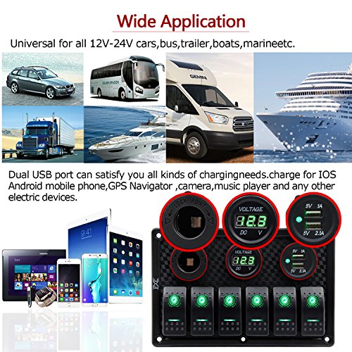 FXC Waterproof Marine Boat Rocker Switch Panel 6 Gang With Dual USB Slot Socket + Cigarette Lighter + Digital Voltage Display LED Light for Car Rv Vehicles Truck (6 Gang Green Light) - Thumbnail 7
