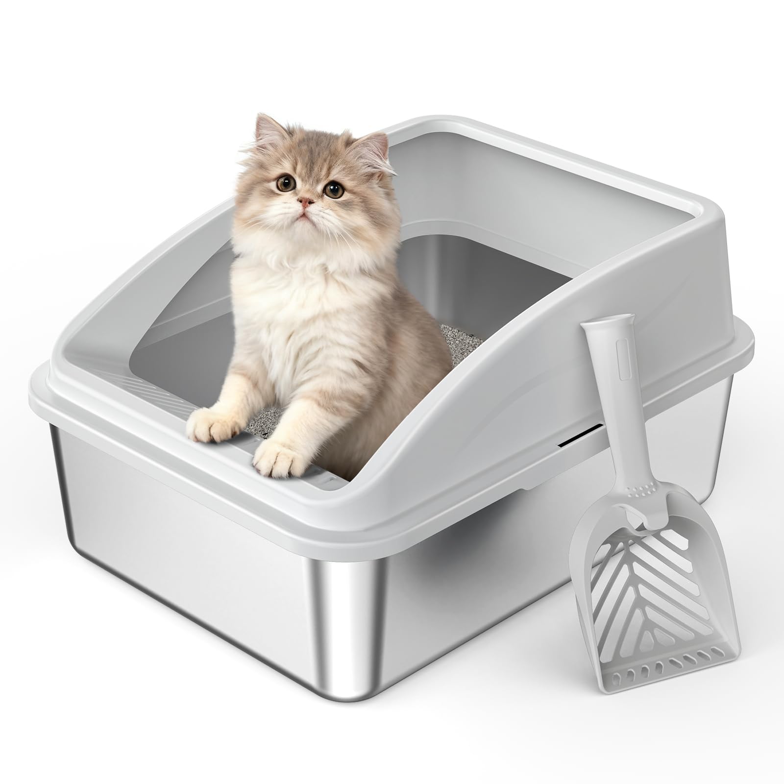 Stainless Steel Litter Box | Metal Kitty Litter Box with Lid High Sided for Small Cats or Injured Cats, Bunny Litter Boxes, Low Entry, Odor-Free, Non-Stick,Includes Scoop Image