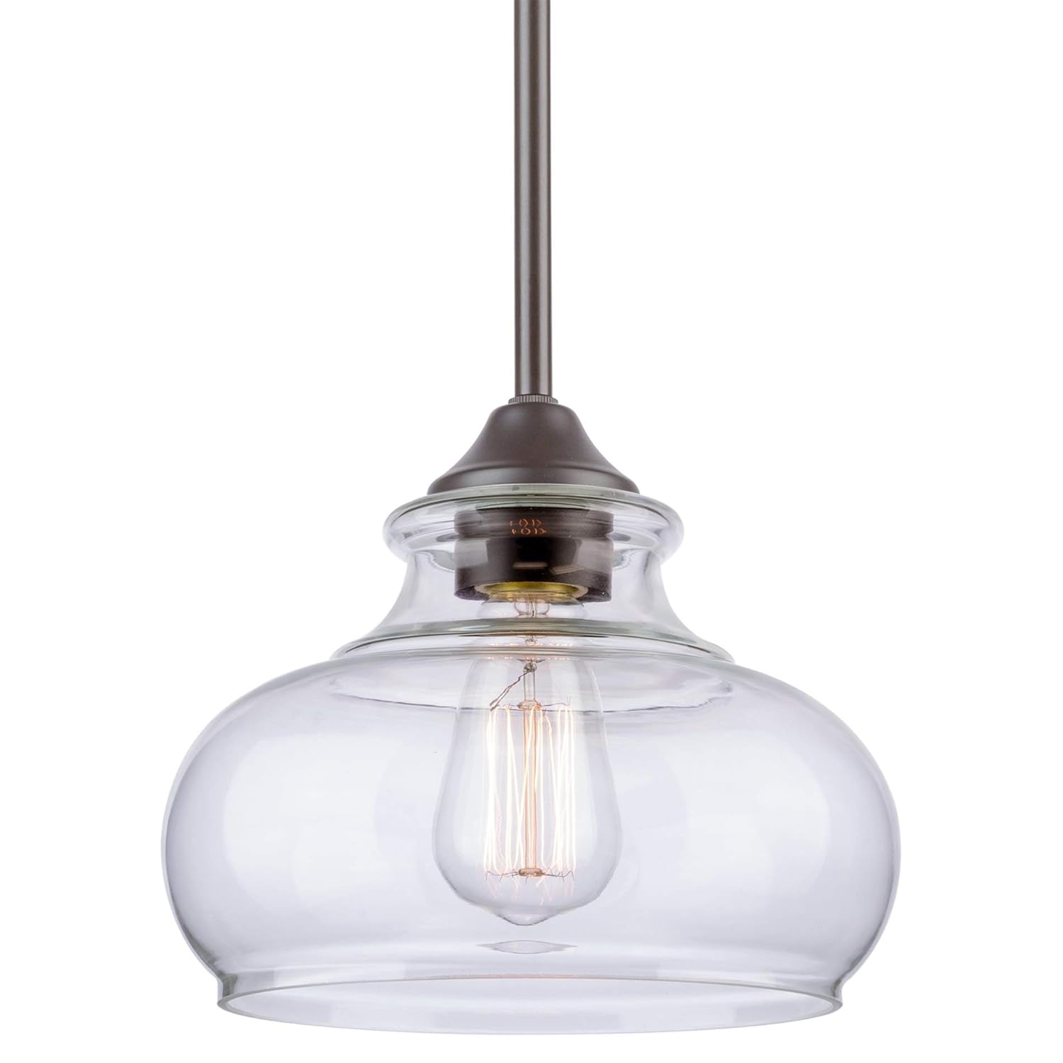 Kira Home Harlow 9" Modern Industrial Farmhouse Stem-Hung Pendant Light with Clear Glass Shade, Adjustable Hanging Height, Oil Rubbed Bronze Finish