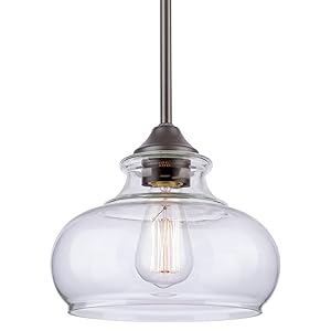 Kira Home Harlow 9" Modern Industrial Farmhouse Stem-Hung Pendant Light with Clear Glass Shade, Adjustable Hanging Height, Oil Rubbed Bronze Finish