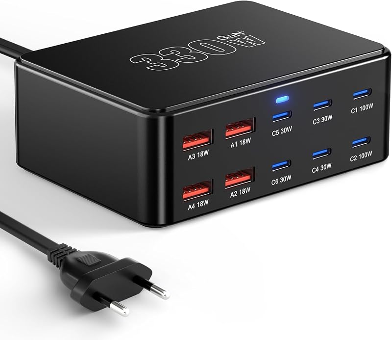 Caricatore USB C da 330 W, PD 100 W, 10 porte, GaN III, stazione di ricarica USB-C GaN Charger per MacBook Pro/Air, laptop, iPhone 17/16 Pro/iPad, Samsung, Pixel, Galaxy, Steam Deck