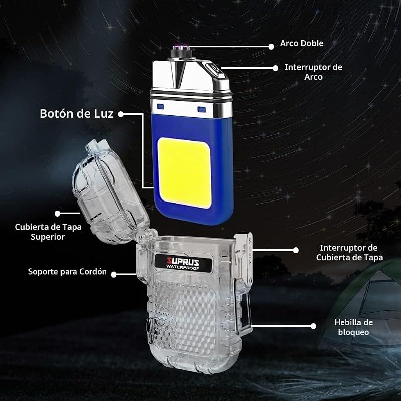 Encendedor impermeable y resistente al viento, doble arco, de plasma, eléctrico, recargable, con silbato de emergencia de supervivencia y cordón, color azul