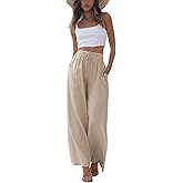Faleave Women's Cotton Linen Summer Palazzo Pants Flowy Wide Leg Beach Trousers with Pockets