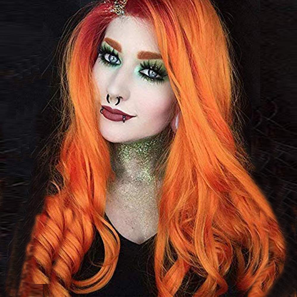 Handmade Colorful Wig Ombre Orange Wigs for Women 2 Tones Lace Front Wigs Red Orange Wave Full Density Hair Half Hand Tied Wig Glueless Synthetic Heat Resistant Fiber Costume Makeup 24 inches — image 1