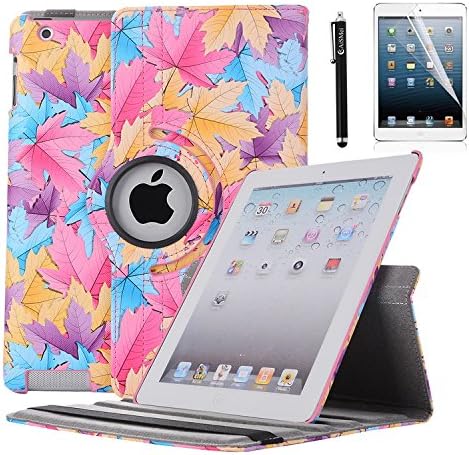 iPad 2 Case, iPad 3 Case, iPad 4 Case, AiSMei Rotating Stand Case Cover with Wake Up/Sleep For Apple iPad 2, iPad 3, iPad 4 [ 9.7-Inch iPad before 2013 ] [Bonus Film+Stylus] Hot Pink Maple Leaves