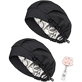 2 Pack Satin Lined Bouffant Scrub Caps with Buttons, Adjustable Scrub Caps for Women Men