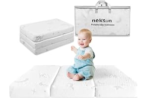 NEKSUN Trifold Pack and Play Mattress, 38x26 Portable Baby Mattress for Pack N Play, Foldable Dual Sided Soft & Firm Memory Foam Pack and Play Mattress Pad with Breathable Jacquard Cover