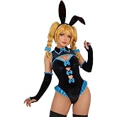 Yousify Anime Cosplay Women Playboy Bunny Costume Velvet Bodysuit | 3 Piece, with Ears Headband, Zipper, Snap, Thumb Holes, Bunny Girl, Cosplay Costume, Halloween Party, Role Play Outfit