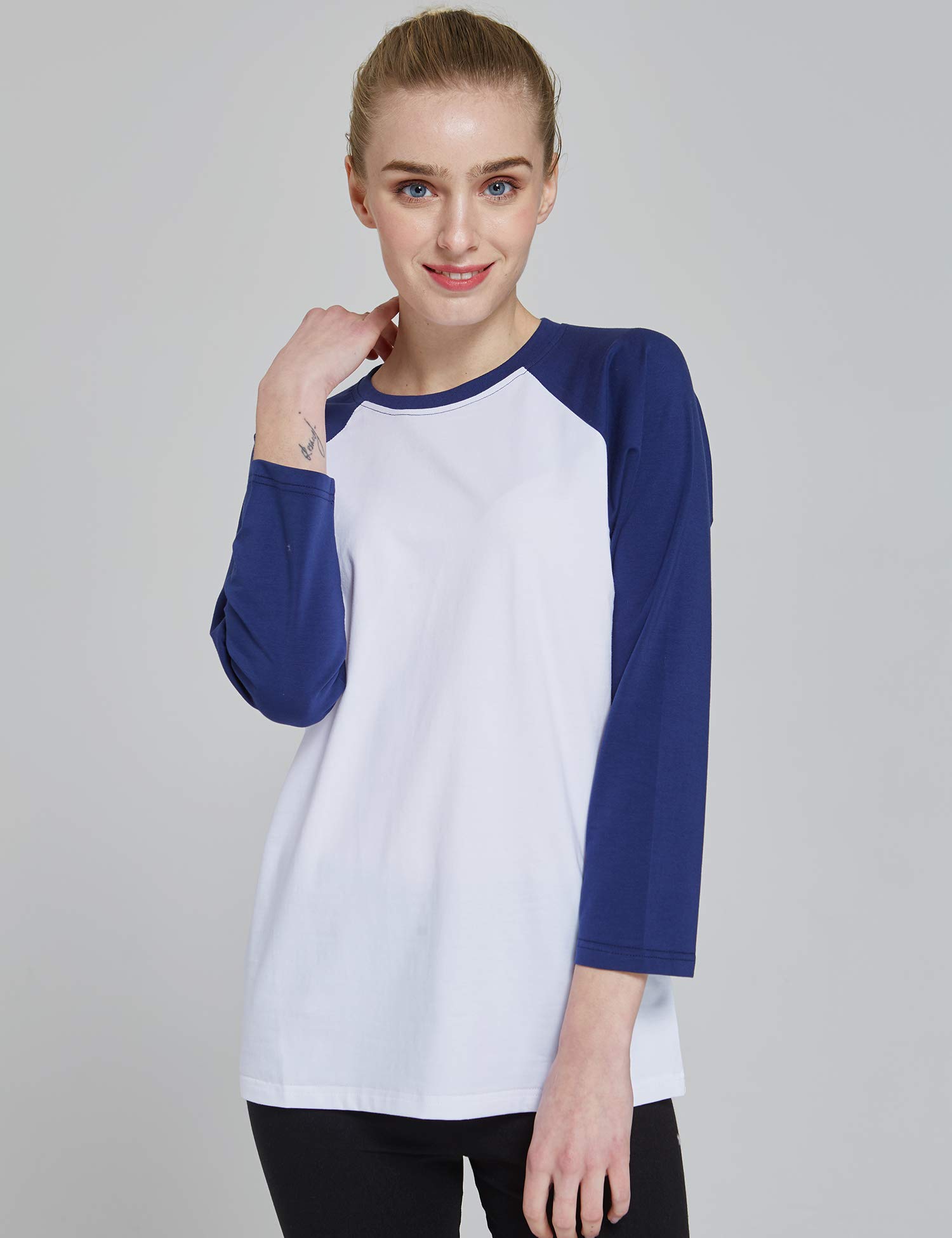 Suntasty Damen Langarmshirt 3/4 Ärmel Shirt mit Rundhals-Ausschnitt in verschiedenen Farben (SS001W/White and Blues)