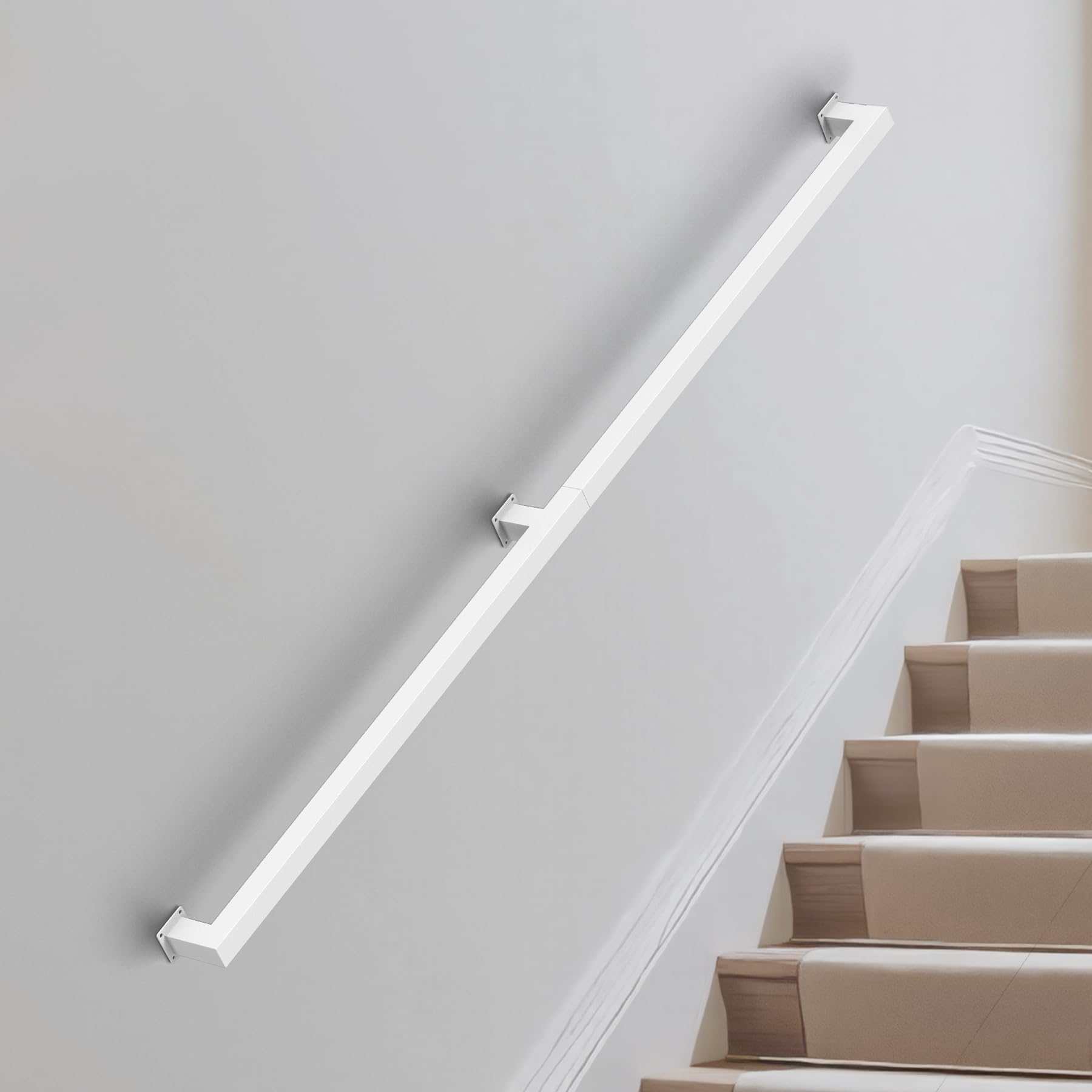 Photo 1 of 6FT Square Tube Handrall for Indoor Stairs,White Metal Stalr Raling,Wall Mount Stalr Ralling,Morden Industrial Handrail,500lbs Load,Loft Porch Deck Safety Rail,Non-Slip for Kid,Seniors,Pregnant