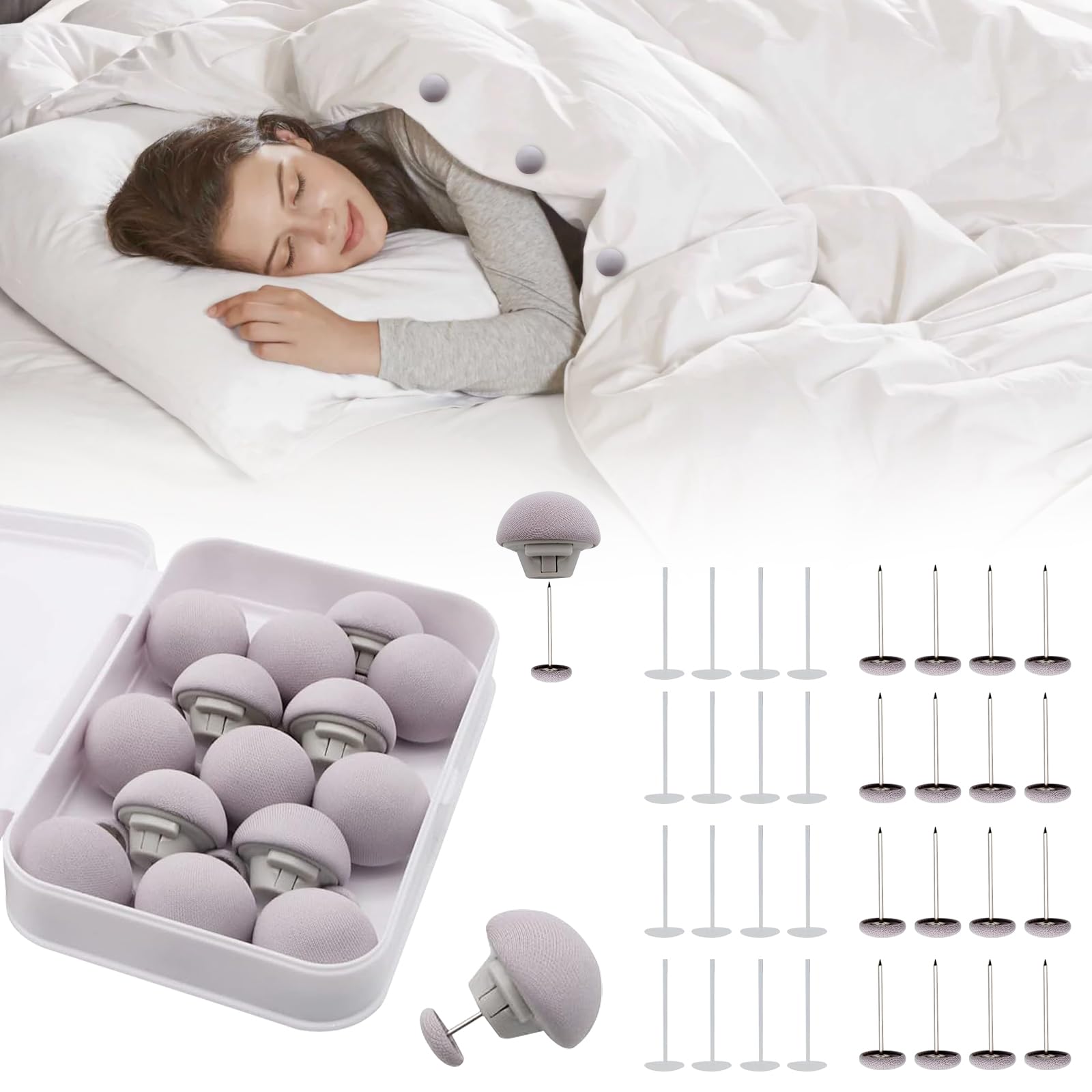 MQUPIN Quilt Fixing Clips,16 Pcs Duvet Cover Clips,Mushroom Round Fixing Clips with Buttons,Bedroom Duvet Fixing Holder Quilt Cover Pins with Box (Grey)