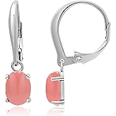 925 Sterling Silver 8x6mm Oval Shape Genuine or Simulated Gemstone Leverback Drop Dangle Earrings, Pink Coral