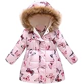 ODIZLI Kids Girls Boys Light Puffer Floral Print Faux Fur Hoodie Zip Up Fleece Fall Winter Jacket